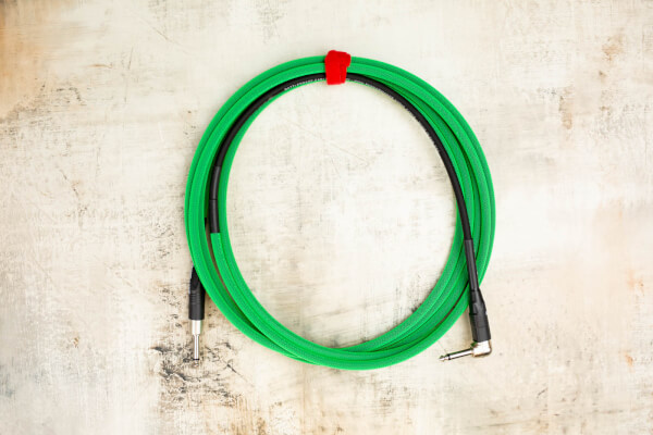 15' Snake Head in Lime Green with Neutrik Right Angle Nickel (connected to instrument) to Neutrik Straight Nickel 
