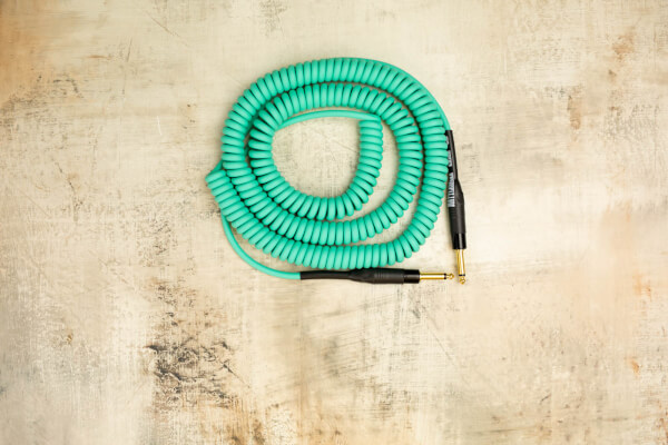 25' Retro Coily Cable with Neutrik Straight Gold to Neutrik Straight Gold (Seafoam Green PVC) with White Tubes